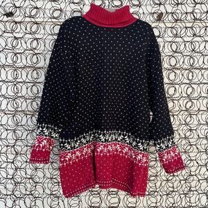Vintage 90s Red Black Snowflake Christmas Fair Isle Turtleneck Tunic Sweater